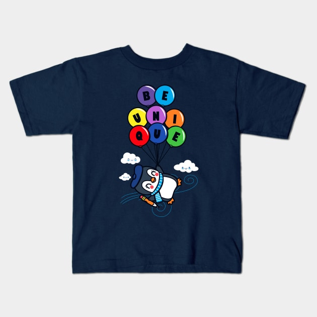 Be Unique Cute Kawaii Penguin Flying With Balloons Kids T-Shirt by BoggsNicolas